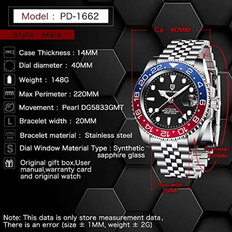 CADISEN Pagani Design 1662 GMT 남성용 자동 기계식 시계, 최고 브랜드 스테인레스 스틸 사파이어 유리, 다이버 시계 스포츠, 선물, Reloj Hombre.
