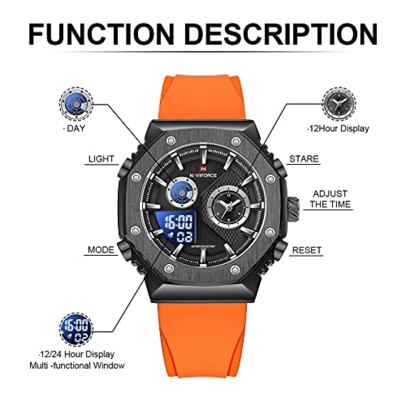 NAVIFORCE 남자 듀얼 디스플레이 아날로그 디지털 시계 다기능 군사 석영 손목 시계 스포츠 방수 실리콘 밴드
