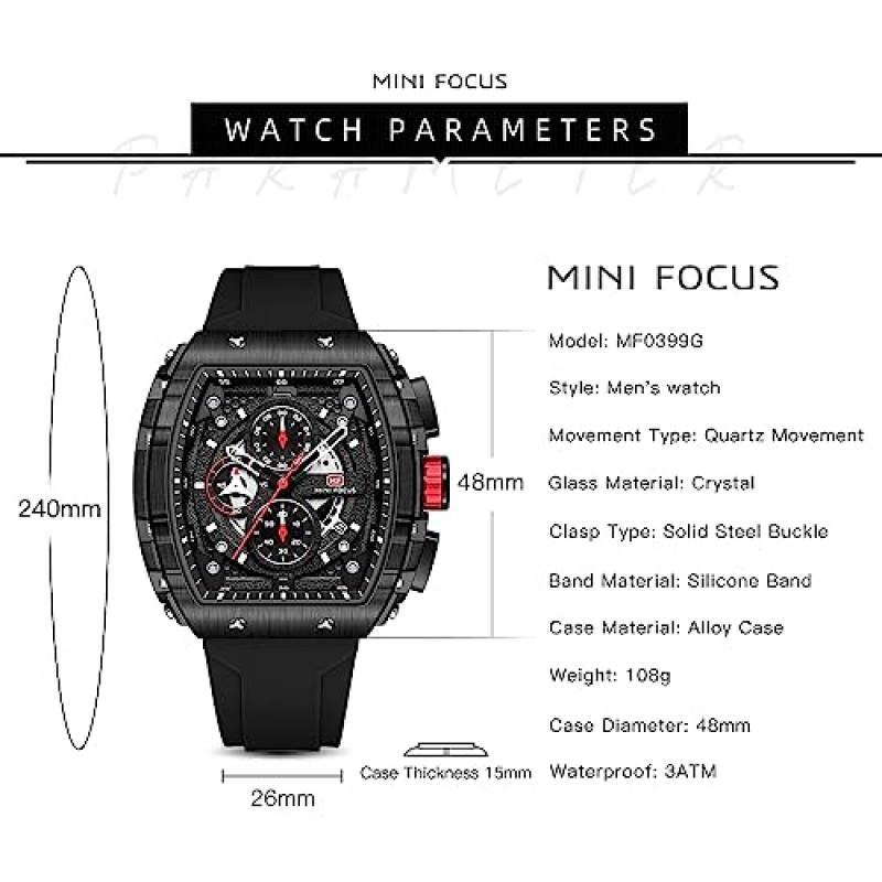 MF MINI FOCUS 남성용 시계 패션 토노 손목 시계(크로노그래프/방수/야광/캘린더) 남성용 실리콘 스트랩 쿼츠 시계