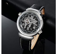 Survan Luxury Hollow Out, 오토매틱 와인딩 기계식 시계(배터리 필요 없음), 23k 리얼 골드 도금, 탑 가죽 스트랩, 디자인 대회 우승