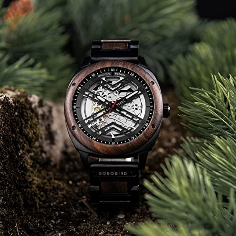 BOBO BIRD Mens 자동 기계식 시계 남성용 새로운 럭셔리 45mm 해골 스테인레스 스틸 우드 시계