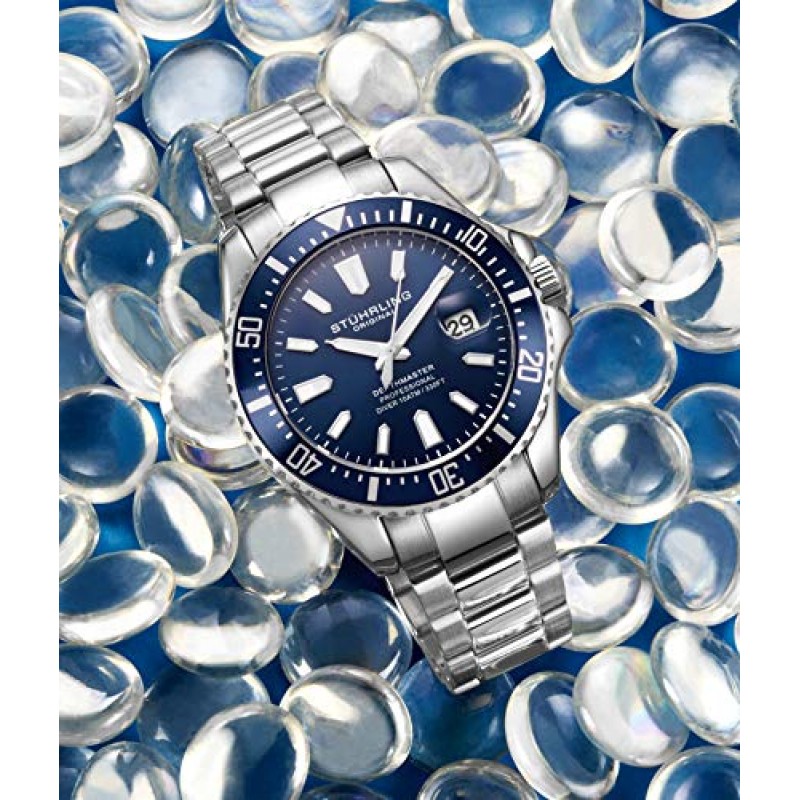 Stuhrling 오리지널 남성용 시계 프로 다이브 시계 스포츠 시계 42MM 케이스 블루 다이얼 스테인레스 스틸 실버 팔찌 다이빙 시계 남성용