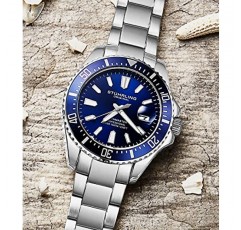 Stuhrling 오리지널 남성용 시계 프로 다이브 시계 스포츠 시계 42MM 케이스 블루 다이얼 스테인레스 스틸 실버 팔찌 다이빙 시계 남성용