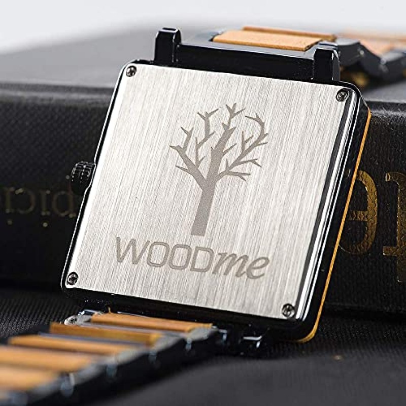 WOODme 남성과 여성을 위한 나무 시계 럭셔리 스테인레스 스틸 천연 나무 시계 크로노그래프 군사 일본 석영 손목시계 독특한 상자 포함