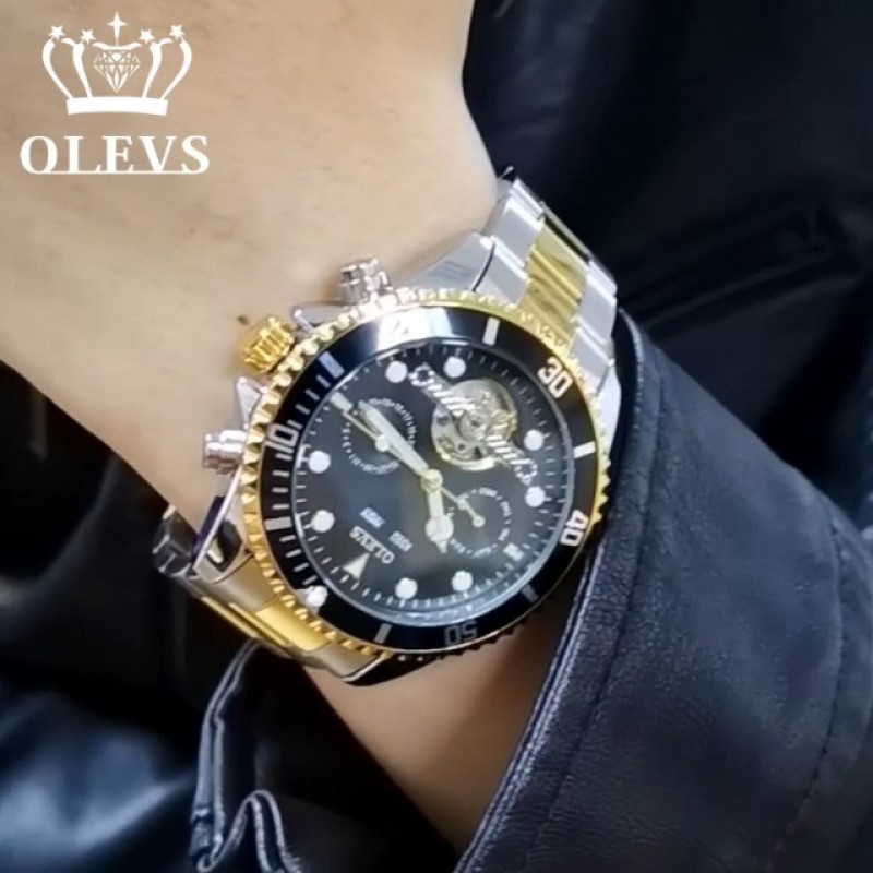 OLEVS 남성용 자동 기계식 블랙 시계 자동 와인딩 럭셔리 드레스 뚜르 비옹 실버 스테인레스 스틸 방수 빛나는 클래식 손목 시계