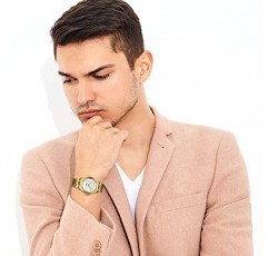 JewelryWe 럭셔리 커플 시계 골드 실버 톤 스테인레스 스틸 쿼츠 달력 손목 시계 라인 석 그와 그녀의 시계 세트, 기념일, 결혼식, 발렌타인 데이
