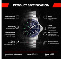 Luminox Auotmatic 스포츠 타이머 XS.0924 남성용 시계 42mm - 실버/블루 200m 방수 사파이어 글라스 밀리터리 스포츠 시계