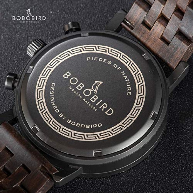 BOBO BIRD 남성 패션 클래식 캐주얼 나무 시계 럭셔리 브랜드 석영 손목 시계 날짜 블루 초침 디스플레이