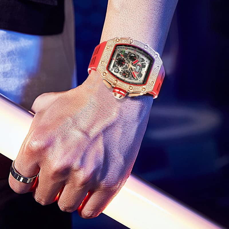 FANMIS Mens Bling 펑크 다이아몬드 크로노 그래프 시계 패션 스타일 실리콘 밴드 스포츠 손목 시계