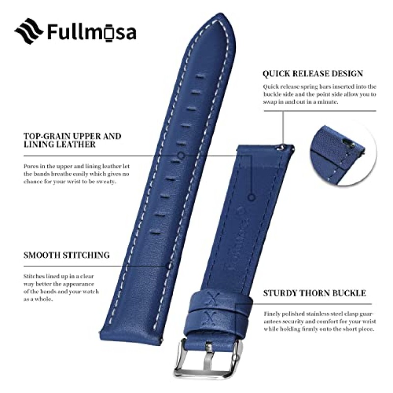 Fullmosa 22mm 가죽 시계 밴드는 Samsung Galaxy Watch 46mm,Galaxy Watch 3 45mm,Gear S3 Frontier/Classic,Huawei Watch GT,Garmin Vivoactive 4/Forerunner 945,Dark Blue와 호환됩니다.