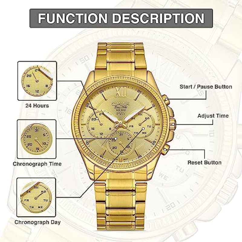 OMAX 남성용 고급 시계 - 우아함과 럭셔리 42mm 금도금 케이스 & 골드 다이얼, 방수, 크로노그래프, 날짜 - 스테인레스 스틸 조절 가능한 팔찌 일본 석영 아날로그 시계