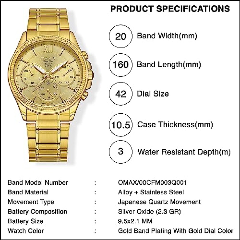 OMAX 남성용 고급 시계 - 우아함과 럭셔리 42mm 금도금 케이스 & 골드 다이얼, 방수, 크로노그래프, 날짜 - 스테인레스 스틸 조절 가능한 팔찌 일본 석영 아날로그 시계