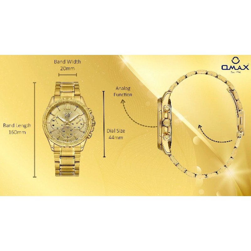 OMAX 남성용 고급 시계 - 우아함과 럭셔리 42mm 금도금 케이스 & 골드 다이얼, 방수, 크로노그래프, 날짜 - 스테인레스 스틸 조절 가능한 팔찌 일본 석영 아날로그 시계