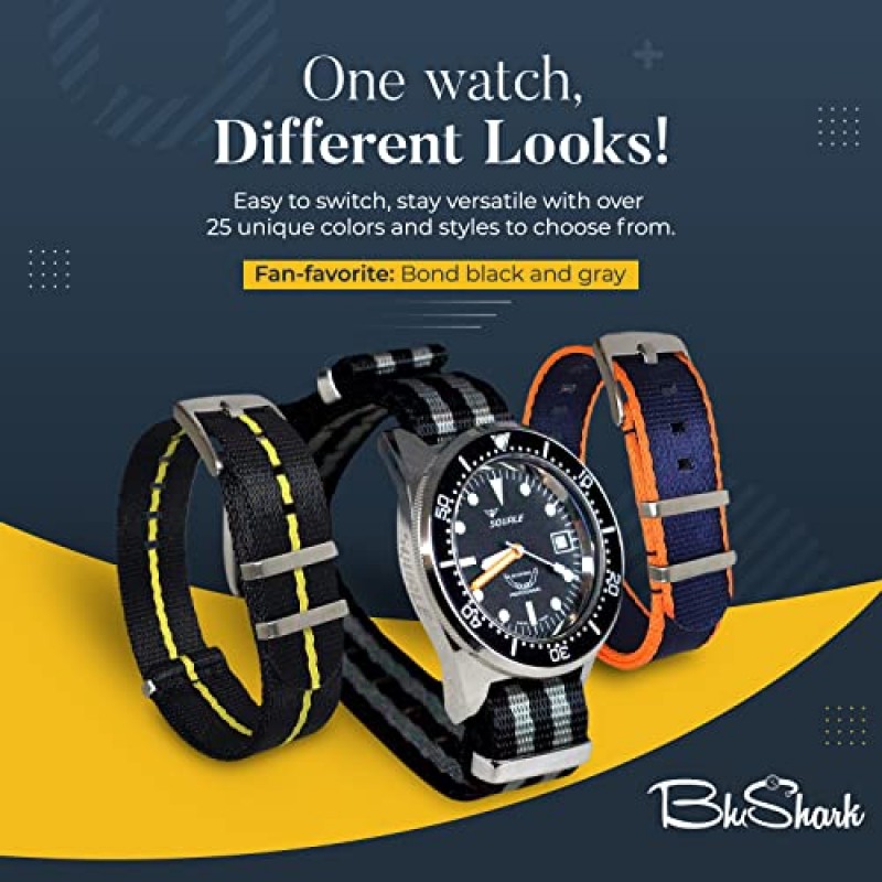 BluShark - AlphaShark 고급 안전 벨트 나일론 시계 스트랩 - 스테인레스 스틸 버클 다양한 크기 스타일 남성용 교체 밴드 스트랩, 방수 일체형다양한 크기