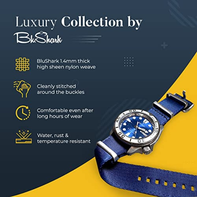 BluShark - AlphaShark 고급 안전 벨트 나일론 시계 스트랩 - 스테인레스 스틸 버클 다양한 크기 스타일 남성용 교체 밴드 스트랩, 방수 일체형다양한 크기