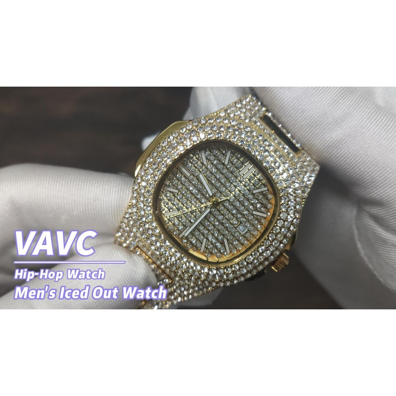 VAVC 남성용 아이스 아웃 시계. 남성용 패션 럭셔리 풀 블링 아이스 아웃 다이아몬드 크리스탈 쿼츠 손목 힙합 시계
