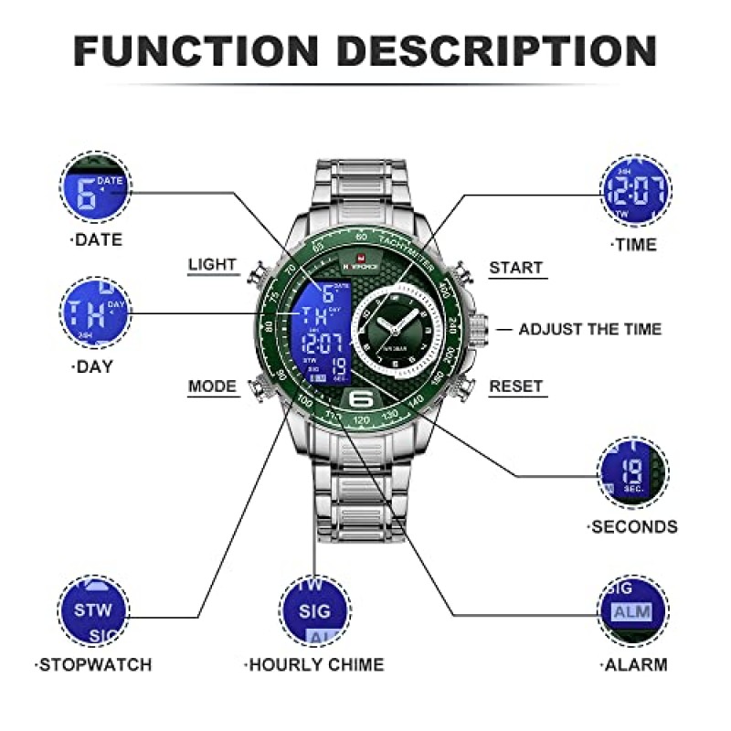 NAVIFORCE 남성용 다기능 방수 스포츠 아날로그 디지털 쿼츠 시계, 크로노그래프 듀얼 타임 알람 SIG 스누즈 기능 포함