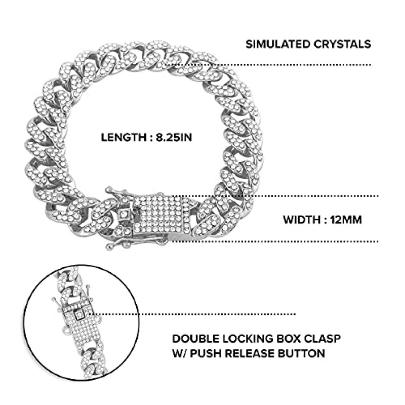 Techno Pave 남성용 43mm 아이스 다이아몬드 시계 및 12mm 마이애미 쿠바 체인 세트 - 14k 골드, 실버 및 투톤 마감의 어울리는 시계 및 팔찌