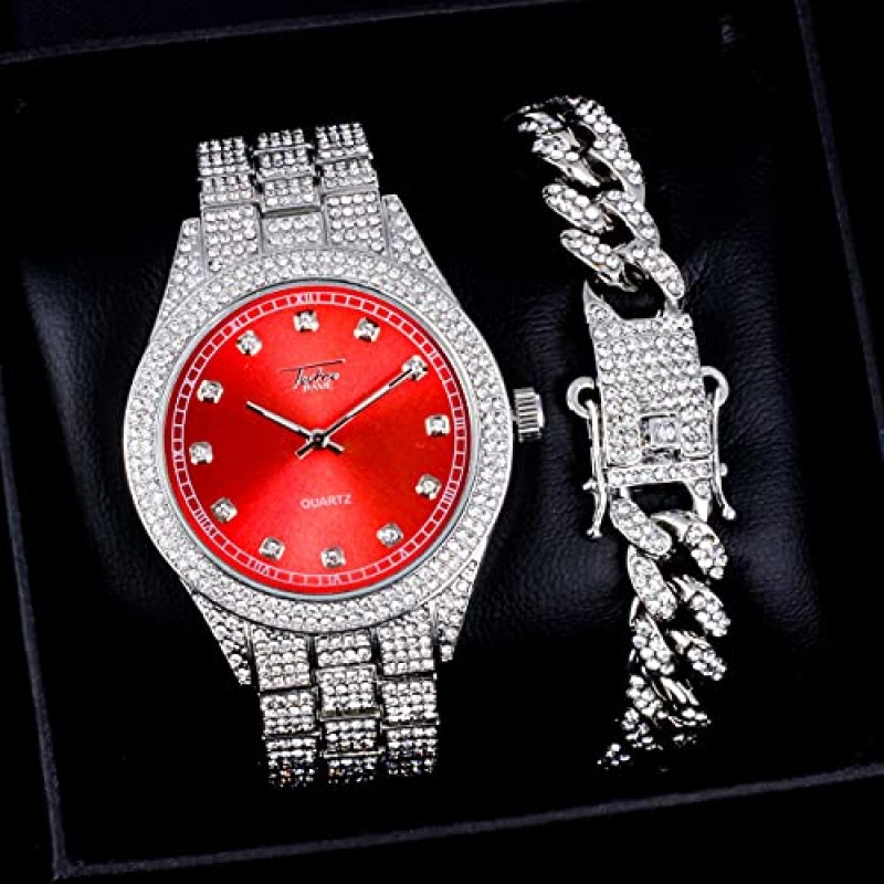 Techno Pave 남성용 43mm 아이스 다이아몬드 시계 및 12mm 마이애미 쿠바 체인 세트 - 14k 골드, 실버 및 투톤 마감의 어울리는 시계 및 팔찌