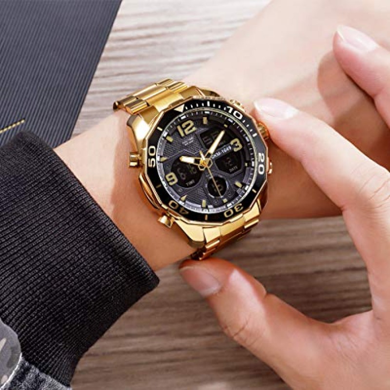 VIGOROSO Mens 멀티 타임 밀리터리 골드 시계 크로노 그래프 디지털 아날로그 백라이트 스테인레스 스틸 스포츠 손목 시계 소년/청소년/신사 방수