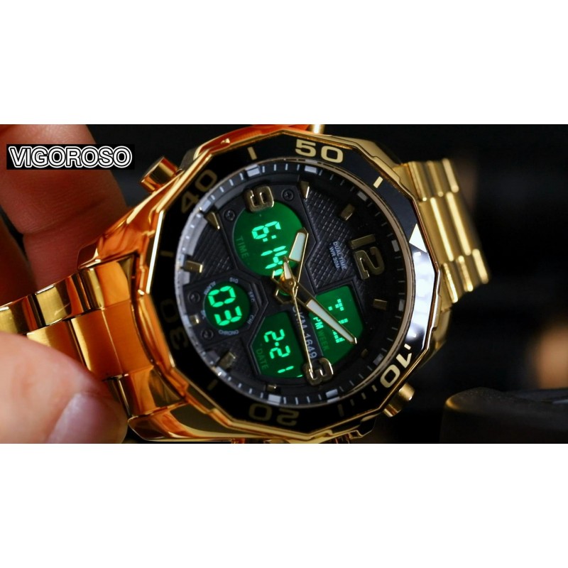 VIGOROSO Mens 멀티 타임 밀리터리 골드 시계 크로노 그래프 디지털 아날로그 백라이트 스테인레스 스틸 스포츠 손목 시계 소년/청소년/신사 방수