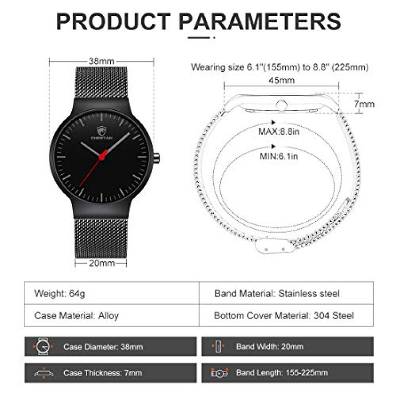 골든 아워 남성용 시계 패션 미니멀리스트 얇은 38mm 석영 아날로그 방수 시계, 블랙 스테인레스 스틸 메쉬 밴드 포함