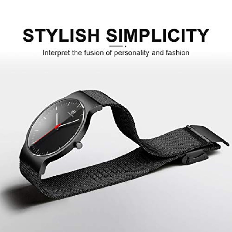 골든 아워 남성용 시계 패션 미니멀리스트 얇은 38mm 석영 아날로그 방수 시계, 블랙 스테인레스 스틸 메쉬 밴드 포함