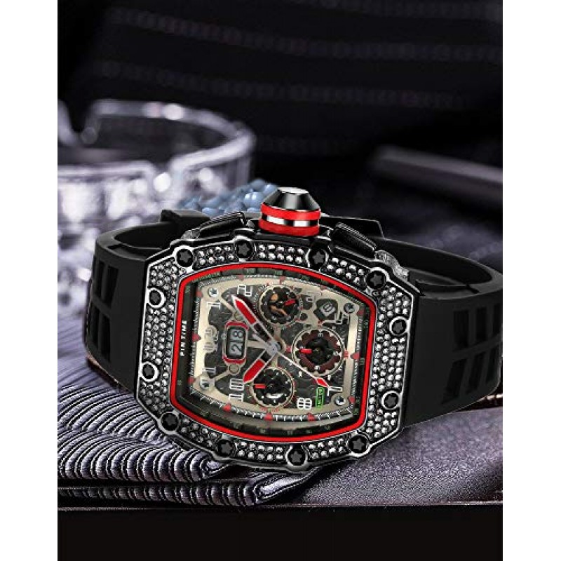 PINTIME Mens Bling 펑크 크로노 그래프 시계 Iced Out 다이아몬드 디자이너 시계 독특한 패션 스타일 석영 스포츠 손목 시계 실리콘 가죽 밴드