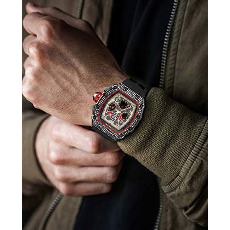 PINTIME Mens Bling 펑크 크로노 그래프 시계 Iced Out 다이아몬드 디자이너 시계 독특한 패션 스타일 석영 스포츠 손목 시계 실리콘 가죽 밴드