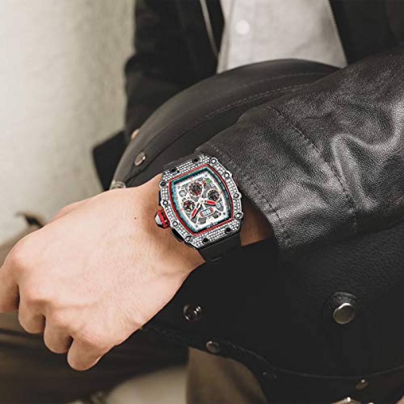 PINTIME Mens Bling 펑크 크로노 그래프 시계 Iced Out 다이아몬드 디자이너 시계 독특한 패션 스타일 석영 스포츠 손목 시계 실리콘 가죽 밴드