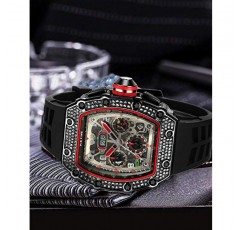PINTIME Mens Bling 펑크 크로노 그래프 시계 Iced Out 다이아몬드 디자이너 시계 독특한 패션 스타일 석영 스포츠 손목 시계 실리콘 가죽 밴드