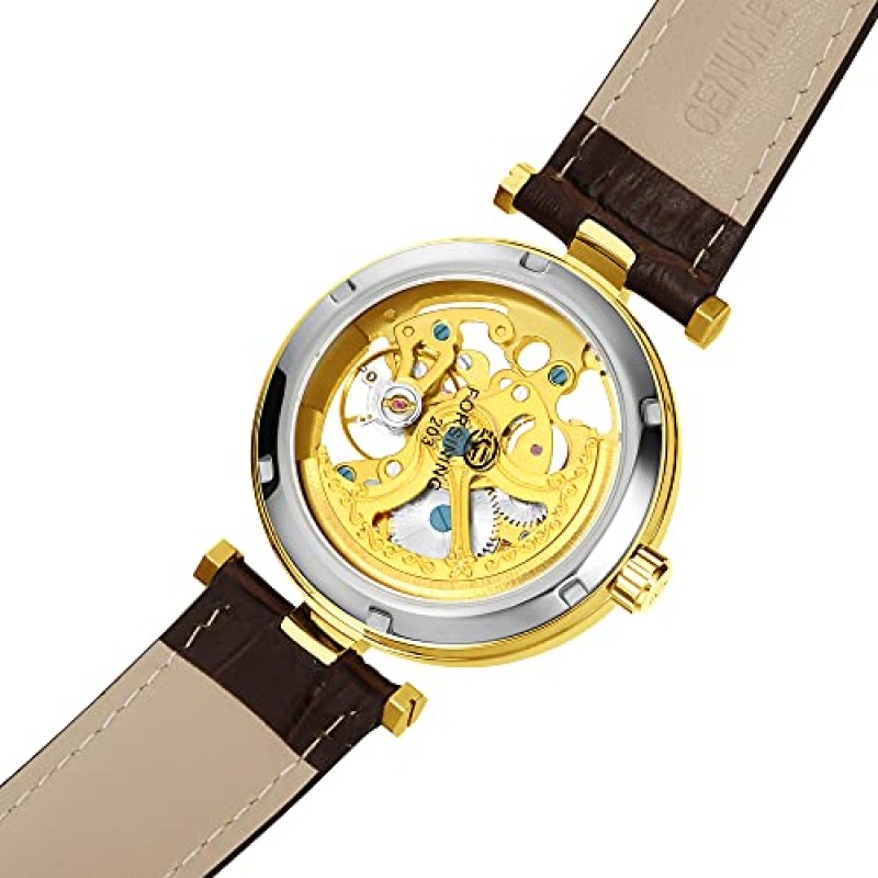 Carlien Skeleton 자동 Steampunk 시계 골드 톤 빛나는 손 가죽 스트랩 손목 시계
