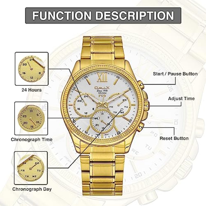 OMAX 남성용 고급 시계 - 우아함과 럭셔리 42mm 금도금 케이스 & 방수, 크로노그래프, 날짜 기능이 있는 화이트 다이얼 - 스테인레스 스틸 조절 가능한 팔찌 일본 석영 아날로그 시계