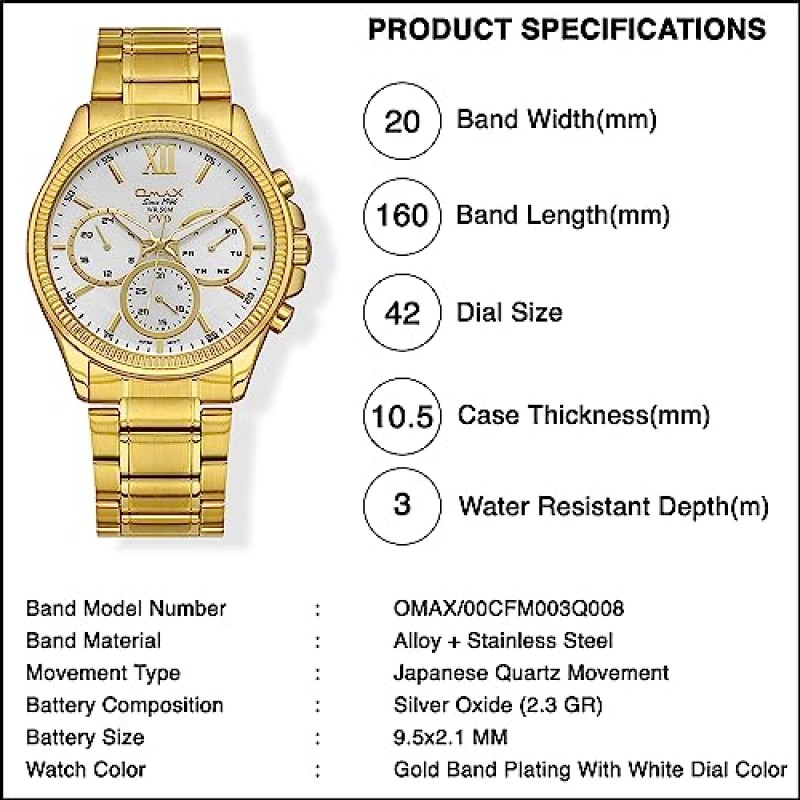 OMAX 남성용 고급 시계 - 우아함과 럭셔리 42mm 금도금 케이스 & 방수, 크로노그래프, 날짜 기능이 있는 화이트 다이얼 - 스테인레스 스틸 조절 가능한 팔찌 일본 석영 아날로그 시계
