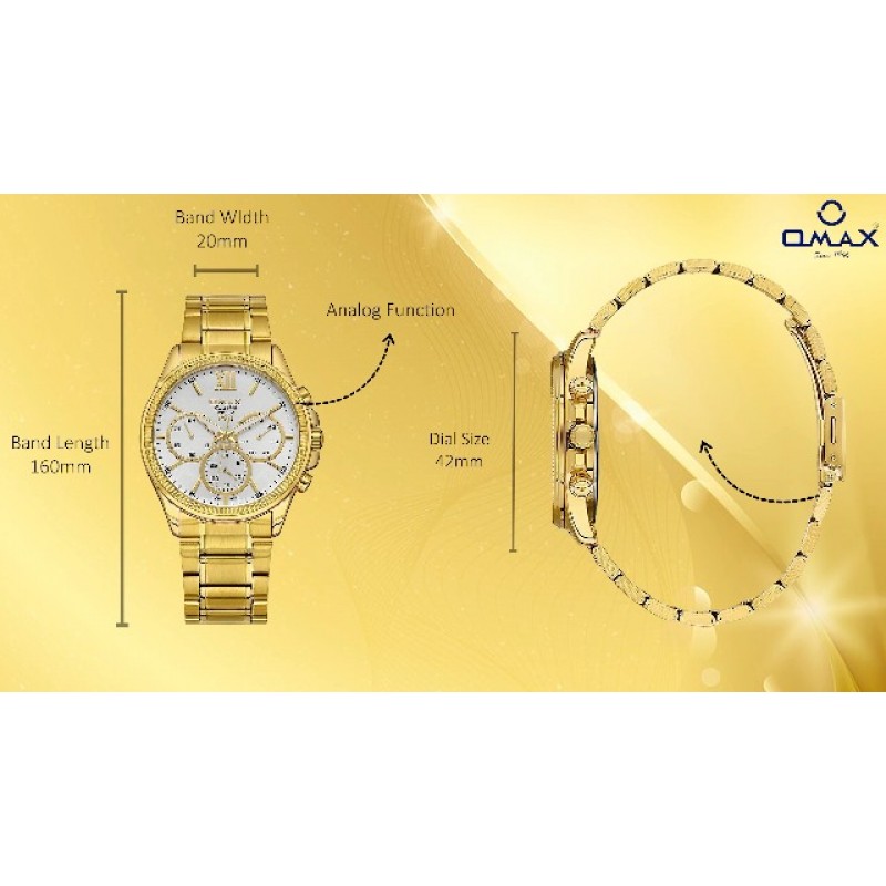 OMAX 남성용 고급 시계 - 우아함과 럭셔리 42mm 금도금 케이스 & 방수, 크로노그래프, 날짜 기능이 있는 화이트 다이얼 - 스테인레스 스틸 조절 가능한 팔찌 일본 석영 아날로그 시계