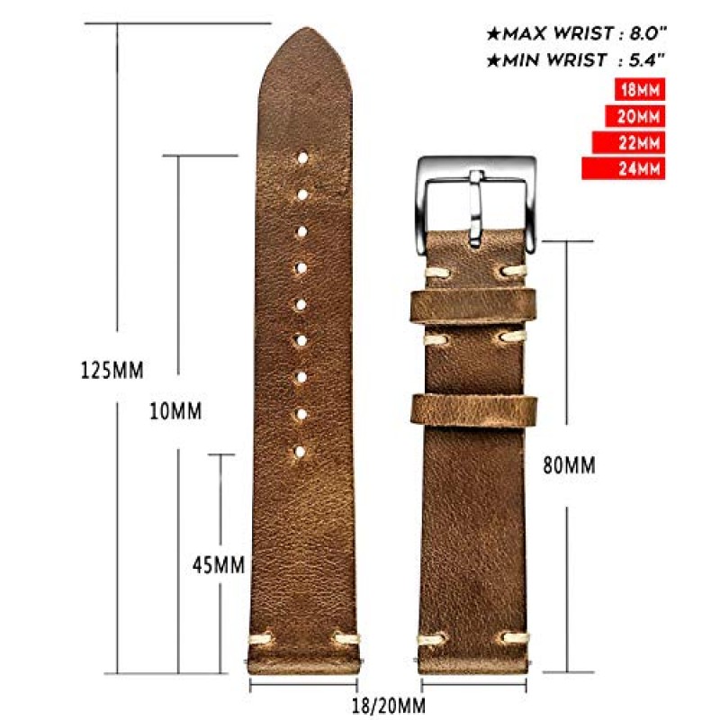 남성용 torbollo 20mm 시계 밴드, 남성용 Horween 가죽 시계 스트랩, 퀵 릴리스 수제 빈티지 시계 교체