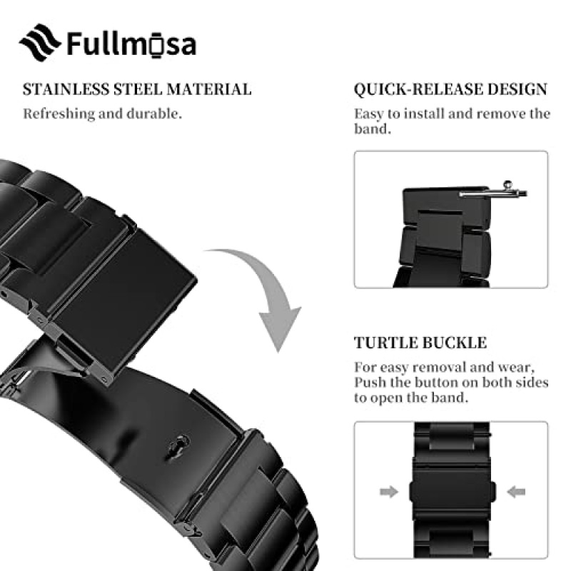 Fullmosa 퀵 릴리스 시계 밴드, 스테인레스 스틸 시계 스트랩 16mm, 18mm, 19mm, 20mm, 22mm 또는 24mm, Samsung Galaxy Watch 6/5/4/3, Garmin Watch, 남성용 여성용 Huawei 시계에 적합