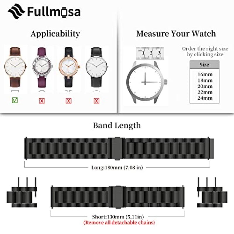 Fullmosa 퀵 릴리스 시계 밴드, 스테인레스 스틸 시계 스트랩 16mm, 18mm, 19mm, 20mm, 22mm 또는 24mm, Samsung Galaxy Watch 6/5/4/3, Garmin Watch, 남성용 여성용 Huawei 시계에 적합