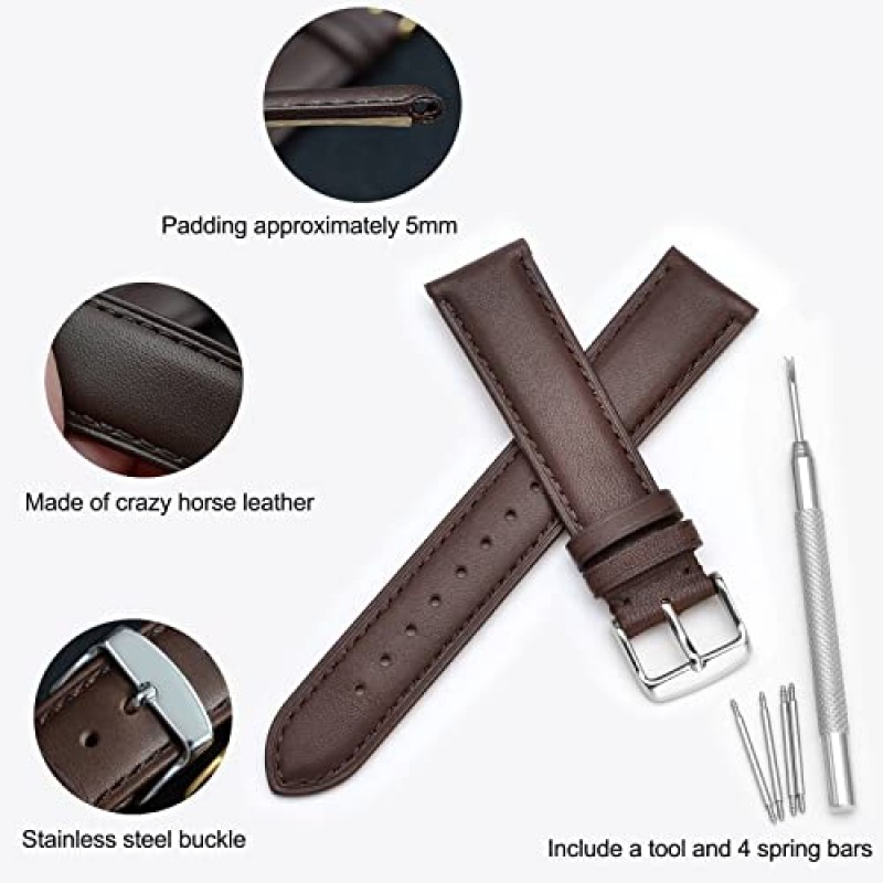 WOCCI 가죽 시계 밴드, 빈티지 교체 스트랩, 스테인레스 스틸 버클, 폭 14mm 16mm 18mm 19mm 20mm 21mm 22mm 23mm 24mm 선택