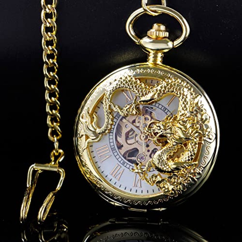Alwesam 남성용 기계식 드래곤 디자인 핸드 윈드 포켓 시계 로마 숫자 Steampunk with Chain Box