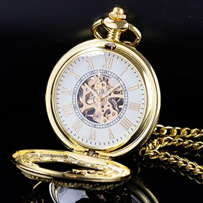 Alwesam 남성용 기계식 드래곤 디자인 핸드 윈드 포켓 시계 로마 숫자 Steampunk with Chain Box