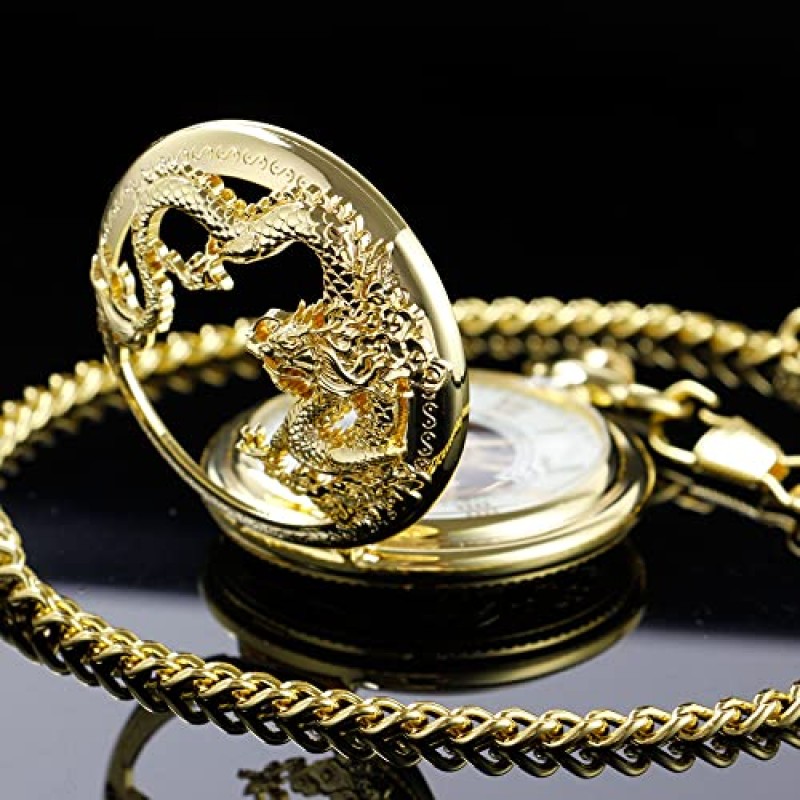 Alwesam 남성용 기계식 드래곤 디자인 핸드 윈드 포켓 시계 로마 숫자 Steampunk with Chain Box