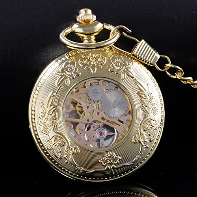 Alwesam 남성용 기계식 드래곤 디자인 핸드 윈드 포켓 시계 로마 숫자 Steampunk with Chain Box