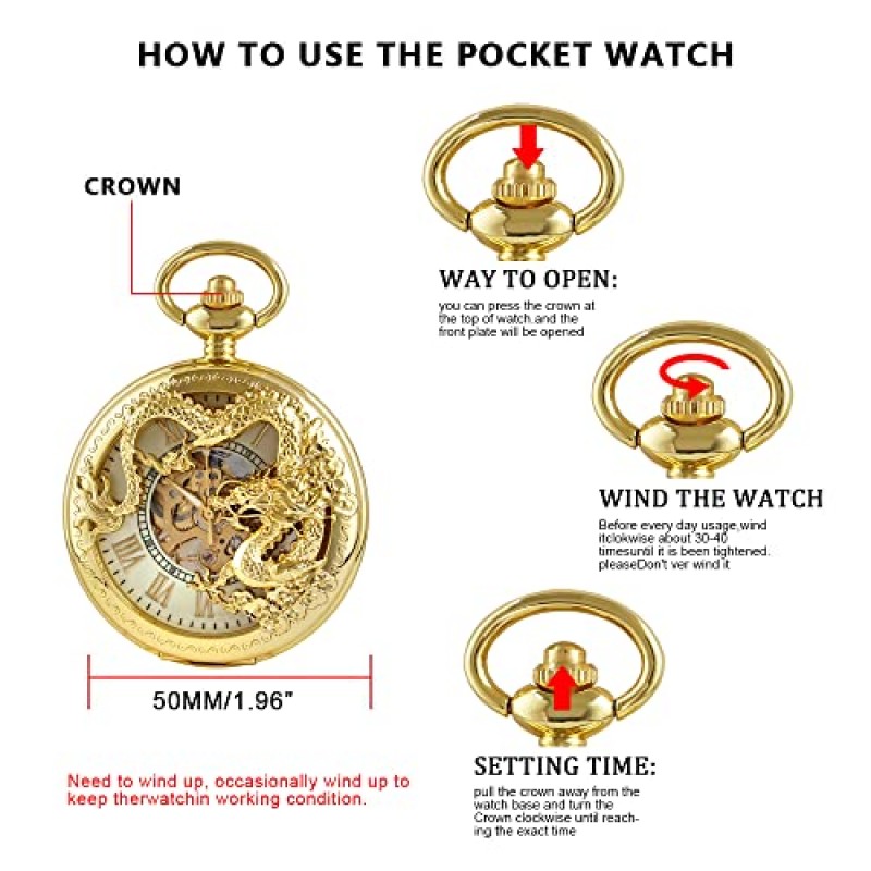 Alwesam 남성용 기계식 드래곤 디자인 핸드 윈드 포켓 시계 로마 숫자 Steampunk with Chain Box
