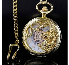 Alwesam 남성용 기계식 드래곤 디자인 핸드 윈드 포켓 시계 로마 숫자 Steampunk with Chain Box
