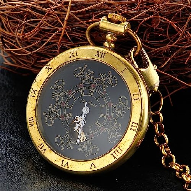 Tiong 빈티지 골드 로마 숫자 다이얼 Steampunk 기계식 주머니 시계 남자 FOB 체인 중공 해골 Steampunk 시계 시계