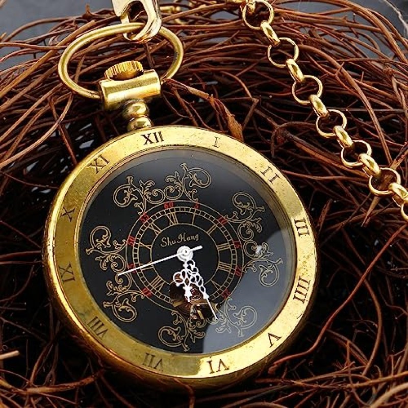 Tiong 빈티지 골드 로마 숫자 다이얼 Steampunk 기계식 주머니 시계 남자 FOB 체인 중공 해골 Steampunk 시계 시계