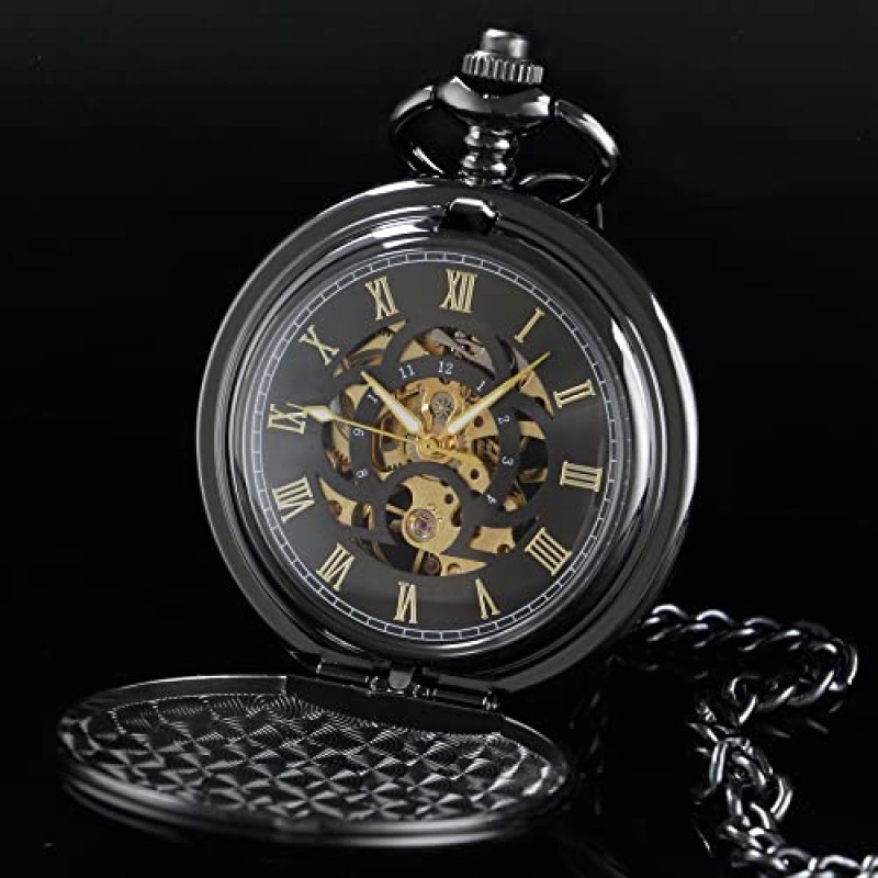 남자 기계식 클래식 디자인 손 바람 회중 시계 로마 숫자 Steampunk 체인 상자 ​​포함