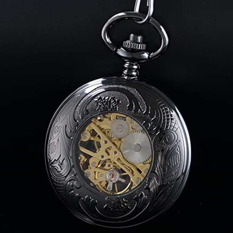 남자 기계식 클래식 디자인 손 바람 회중 시계 로마 숫자 Steampunk 체인 상자 ​​포함