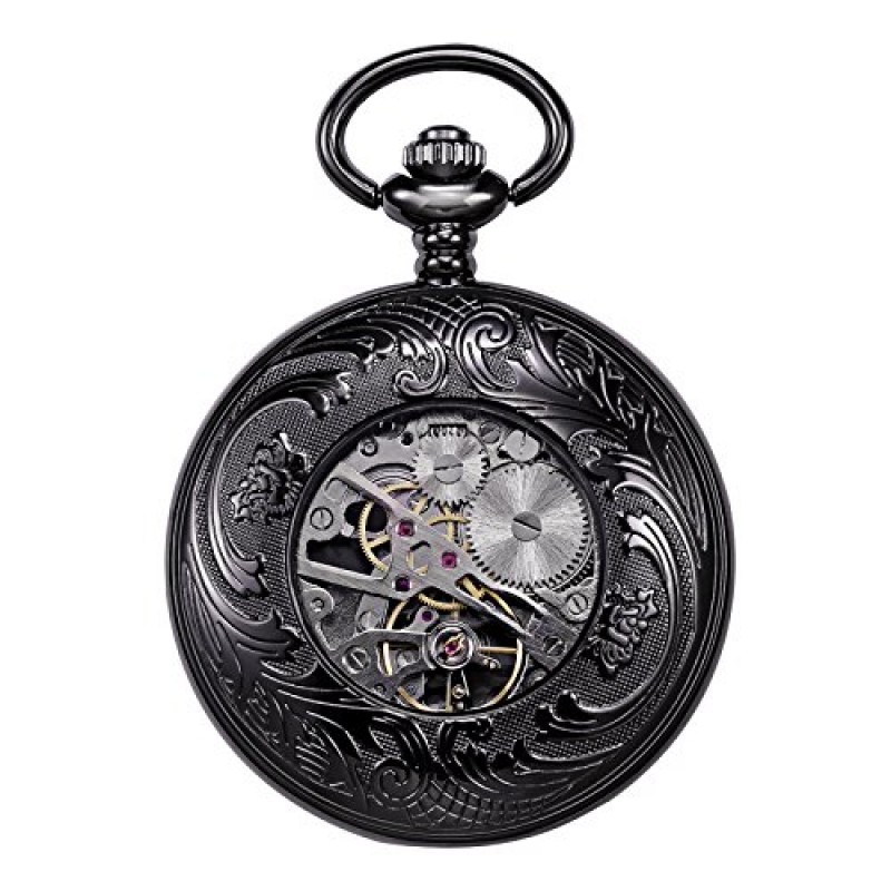 TREEWETO 빈티지 회중 시계 기계식 더블 커버 중공 케이스 해골 Steampunk 사슴 케이스 남성 여성, 블랙